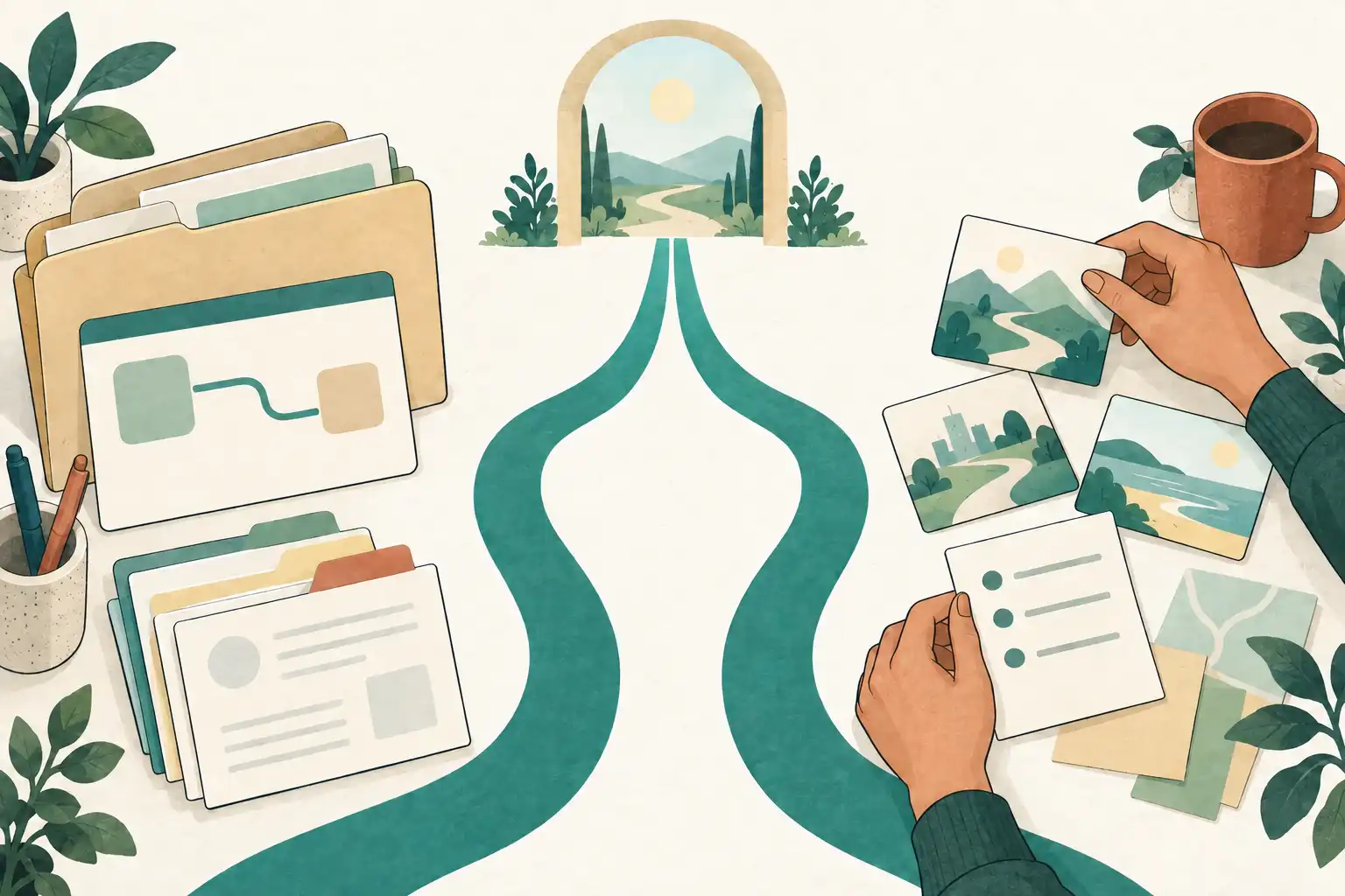 Two equally prominent teal paths connect a company-and-account folder and a founder arranging launch steps with one shared forward route.
