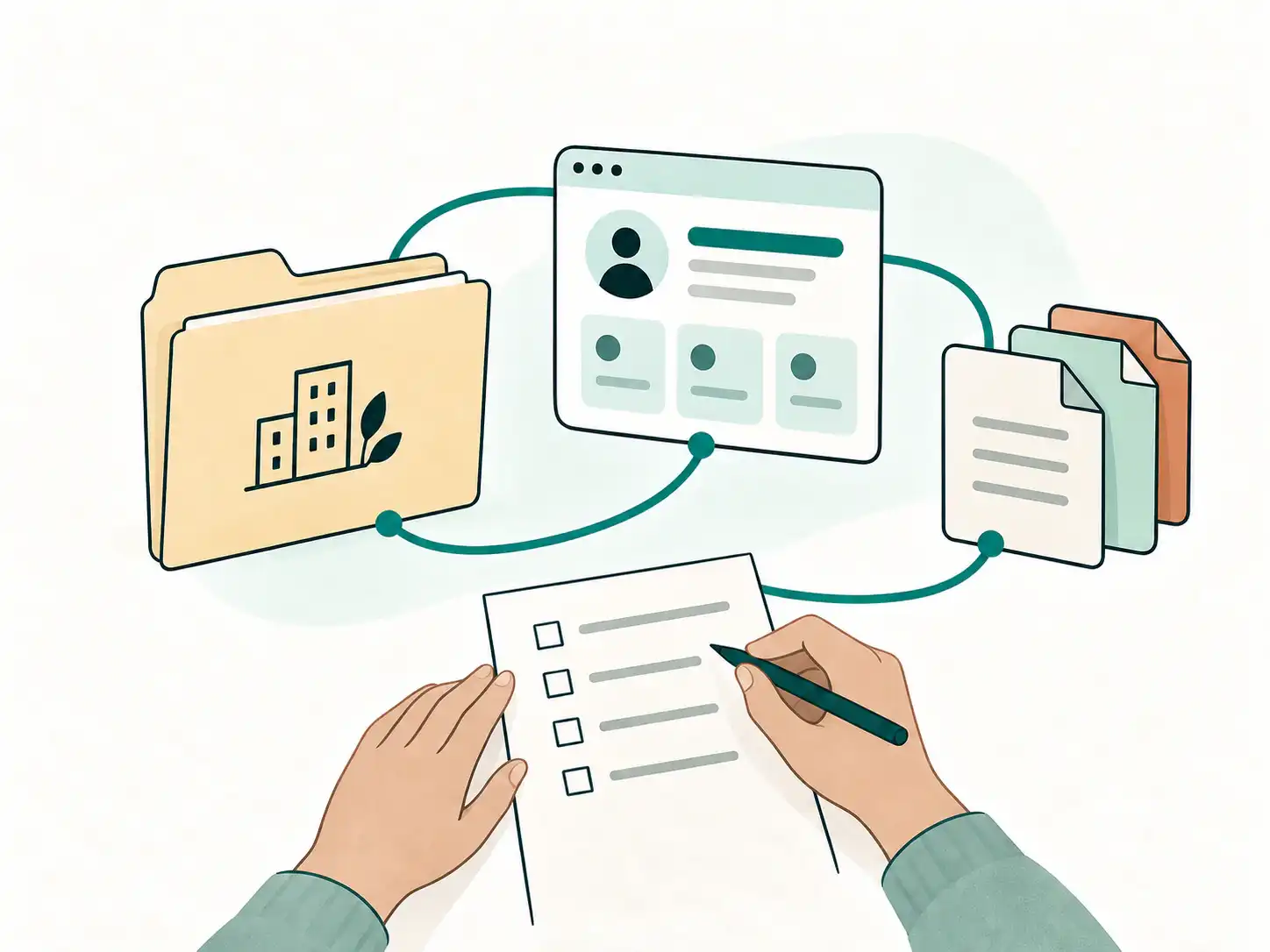 Illustrative company folder, neutral account panel, document tabs, and checklist connected as one READY package.
