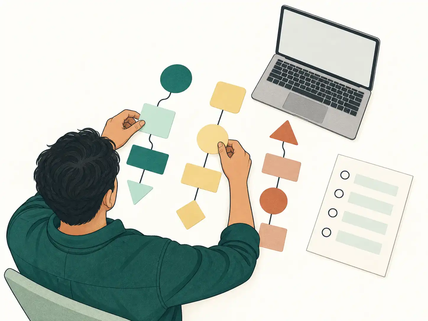 An anonymous illustrated founder arranges three planning routes beside a blank laptop and checklist.